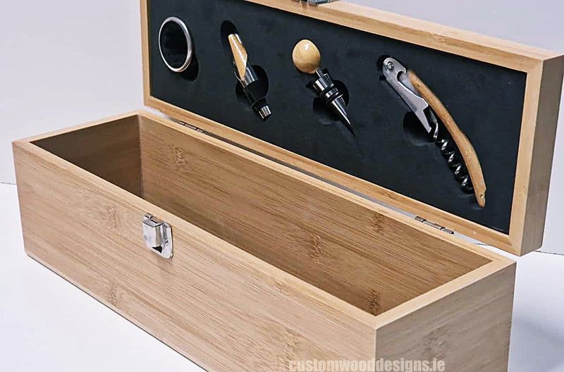 Load image into Gallery viewer, Bamboo Wine Box & Opener set Custom Wood Designs CustomWoodDesignsIrelandCorporategiftboxesBottleBoxesGiftingboxesforbottleslaserengravedbottleboxespersonalisedbottleboxesCorporateboxesrusticboxwinebo_19_010c1647-ac56-4b49-9ee2-41d8_824059d4-8c90-478d-be26-7fdab7b8ea5e