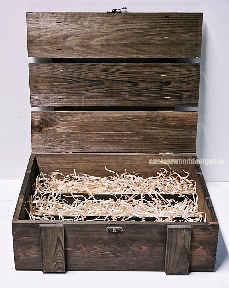 Load image into Gallery viewer, Rustic 3 Bottle Box - Brown x 25 Corporate Gift Box with Wood Wool Custom Wood Designs __label: Multibuy box corporate gift hamper triple wine box wood wool CustomWoodDesignsIrelandCorporategiftboxesBottleBoxesGiftingboxesforbottleslaserengravedbottleboxespersonalisedbottleboxesCorporateboxesrusticboxwinebo_4_b6926cb7-de37-4ea4-89f4-47a3e94722fc