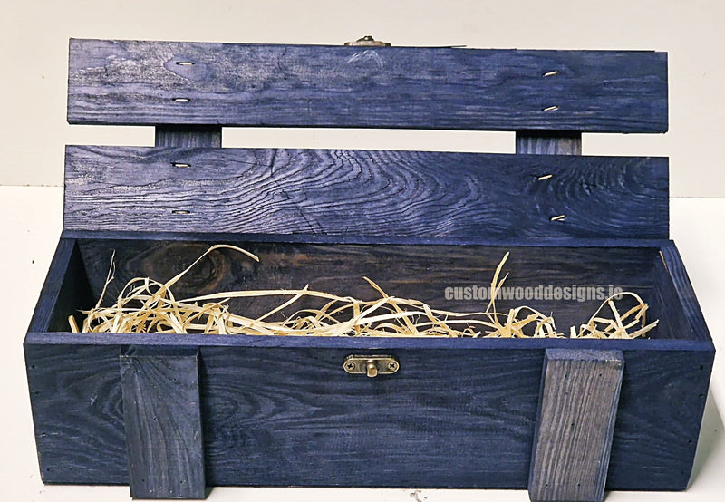 Load image into Gallery viewer, Rustic Bottle Box - Blue Single x 25 Bottle box Custom Wood Designs __label: Multibuy CustomWoodDesignsIrelandCorporategiftboxesBottleBoxesGiftingboxesforbottleslaserengravedbottleboxespersonalisedbottleboxesCorporateboxesrusticboxwinebox_10_7724f560-2106-4d15-883e-1c02771c6002