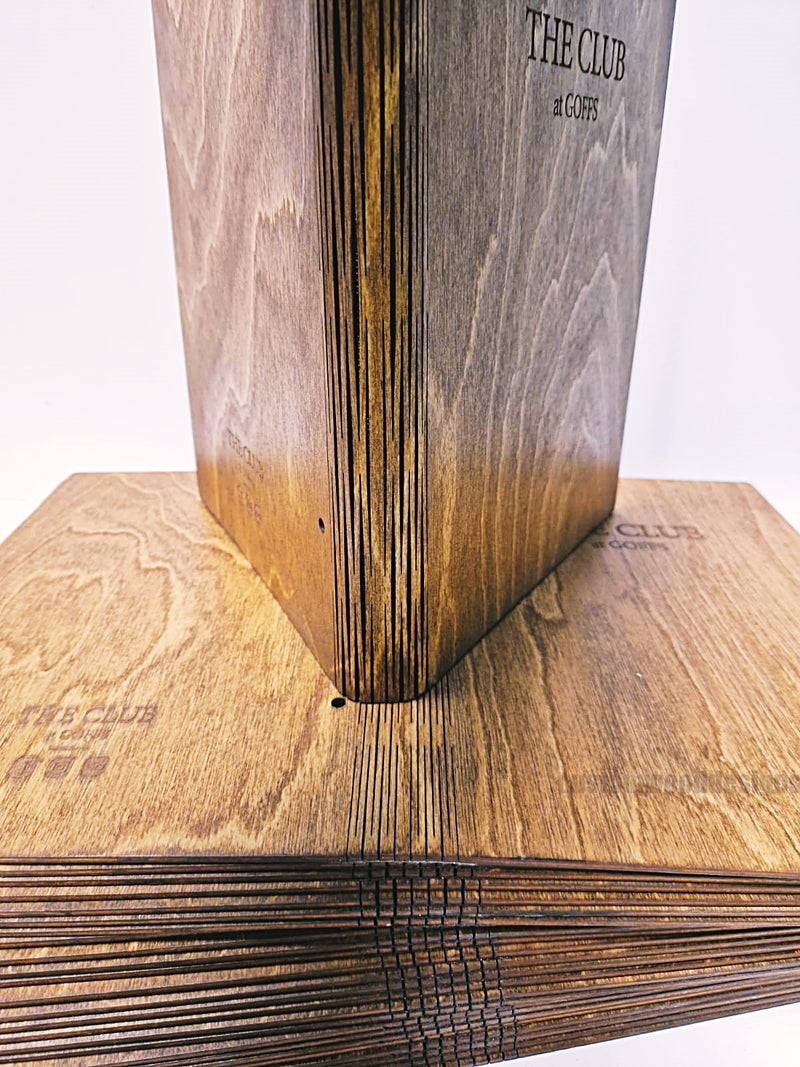 Load image into Gallery viewer, 20 x Wood Menu 20x40cm Custom Wood Designs __label: Multibuy CustomWoodDesignsIrelandCustomWoodenMenusWoodBookMenusTheClubatGoffsWoodenMenusreataurant_1_eab85f33-153d-413b-98a5-2101f4ac4500