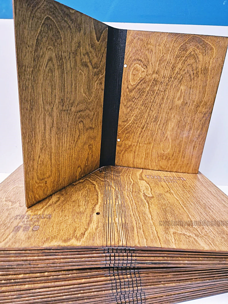 Load image into Gallery viewer, 20 x Wood Menu 20x40cm Custom Wood Designs __label: Multibuy CustomWoodDesignsIrelandCustomWoodenMenusWoodBookMenusTheClubatGoffsWoodenMenusreataurant_32_361becbd-eaaf-4eea-9a5e-5787241e498e