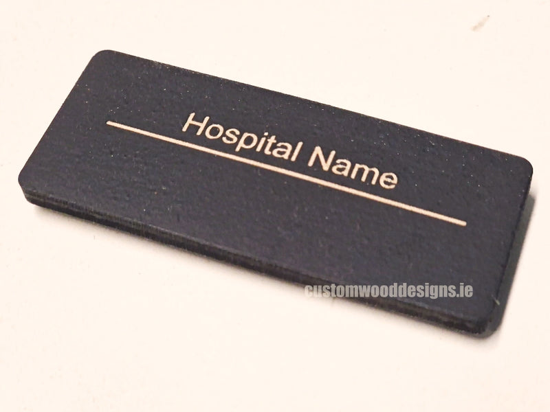 Load image into Gallery viewer, Black Birch Name Badges MOQ 10pcs Bespoke Made Custom Wood Designs __label: Multibuy retail CustomWoodDesignsIrelandCustommadewoodennamebadgescorporatenamebadgesecofriendlynamebadgesustainablewoodennamebadgeengravednamebadgesCWD2023_19
