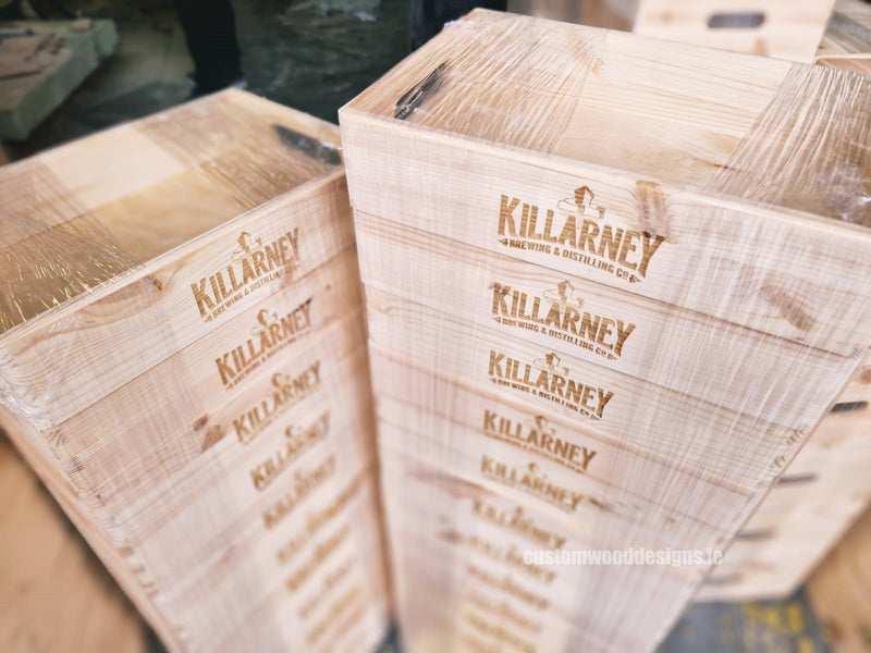 Load image into Gallery viewer, KnobiOne - Pine Wood Tray 30 X 20 X 7 cm OB1 Pine Box with Handle pin bedroom deco box crate room deco wood wooden CustomWoodDesignsIrelandKilarneyBrewingServicetraysFish_ChiptraysBrandedtraysIrelandWoodcratesIreland_2