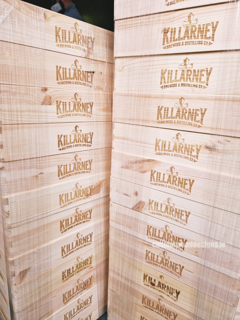 Load image into Gallery viewer, KnobiOne - Pine Wood Tray 30 X 20 X 7 cm OB1 Pine Box with Handle pin bedroom deco box crate room deco wood wooden CustomWoodDesignsIrelandKilarneyBrewingServicetraysFish_ChiptraysBrandedtraysIrelandWoodcratesIreland_4