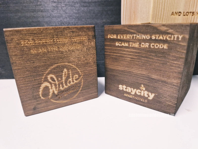 Load image into Gallery viewer, QR Code Block 5 sides Stained & Branded 10-1000 Custom Wood Designs CustomWoodDesignsIrelandStayCityWoodQRcodeBlocksWoodbrandingIrelandHospitalitysignsIrelandQRCodesIreland_5_049ed762-9e8f-4efd-9325-e7db08d99f37