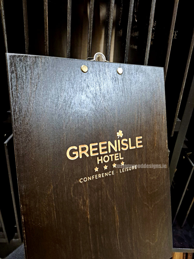 Load image into Gallery viewer, Set of 24 branded wooden A4 clipboards from Custom Wood Designs, ideal for hospitality, cafes, bars, and hotel menus.