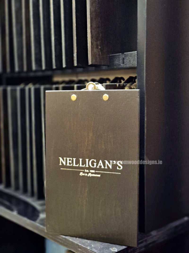 Load image into Gallery viewer, Set of 24 branded A5 wooden clipboards with display unit for hospitality, cafe, bar, and hotel menus by Custom Wood Designs.