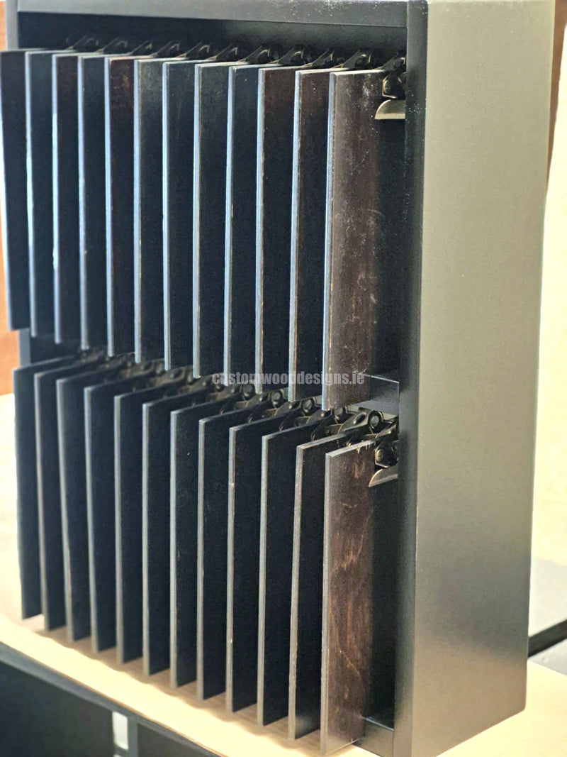 Load image into Gallery viewer, Set of 24 branded A5 wooden clipboards with display unit from Custom Wood Designs, ideal for hospitality, cafes, and hotels.