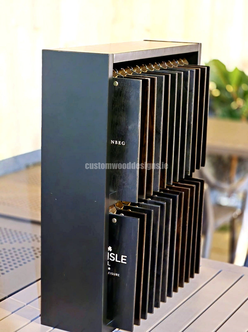 Load image into Gallery viewer, Set of 24 branded A5 wooden clipboards with display unit from Custom Wood Designs, ideal for hospitality and hotel menus.