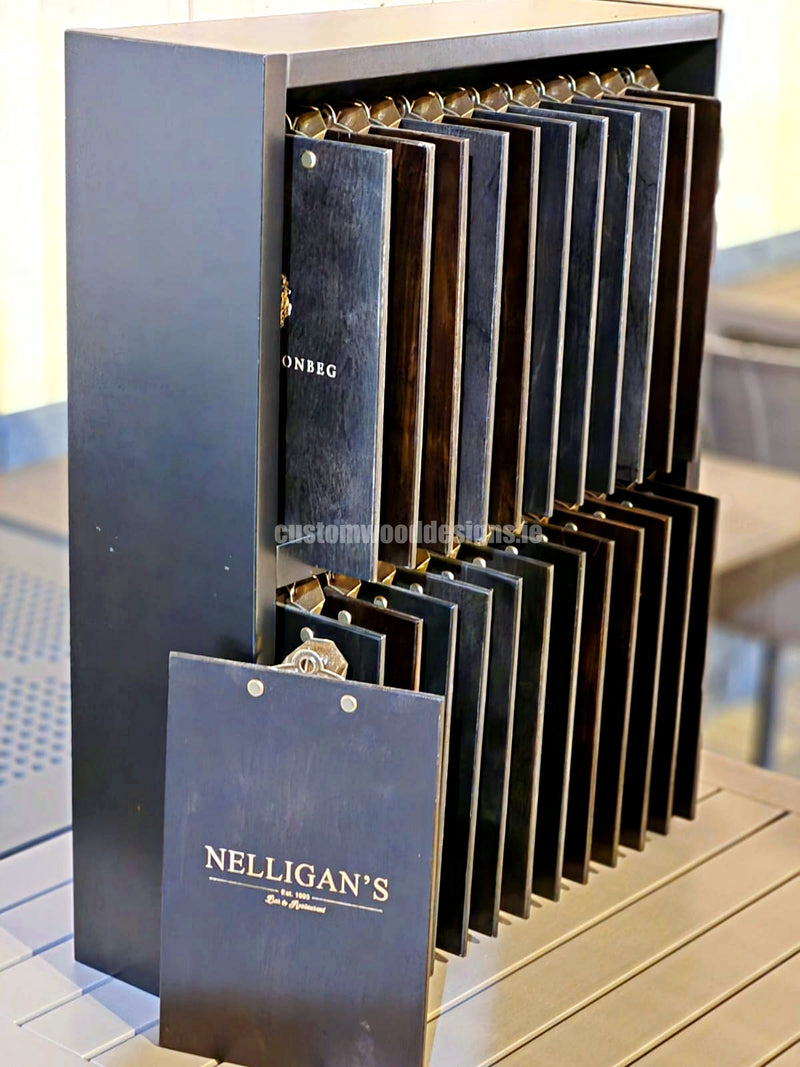 Load image into Gallery viewer, Set of 24 wooden A5 clipboards with display unit by Custom Wood Designs, ideal for hospitality, cafes, and hotels.