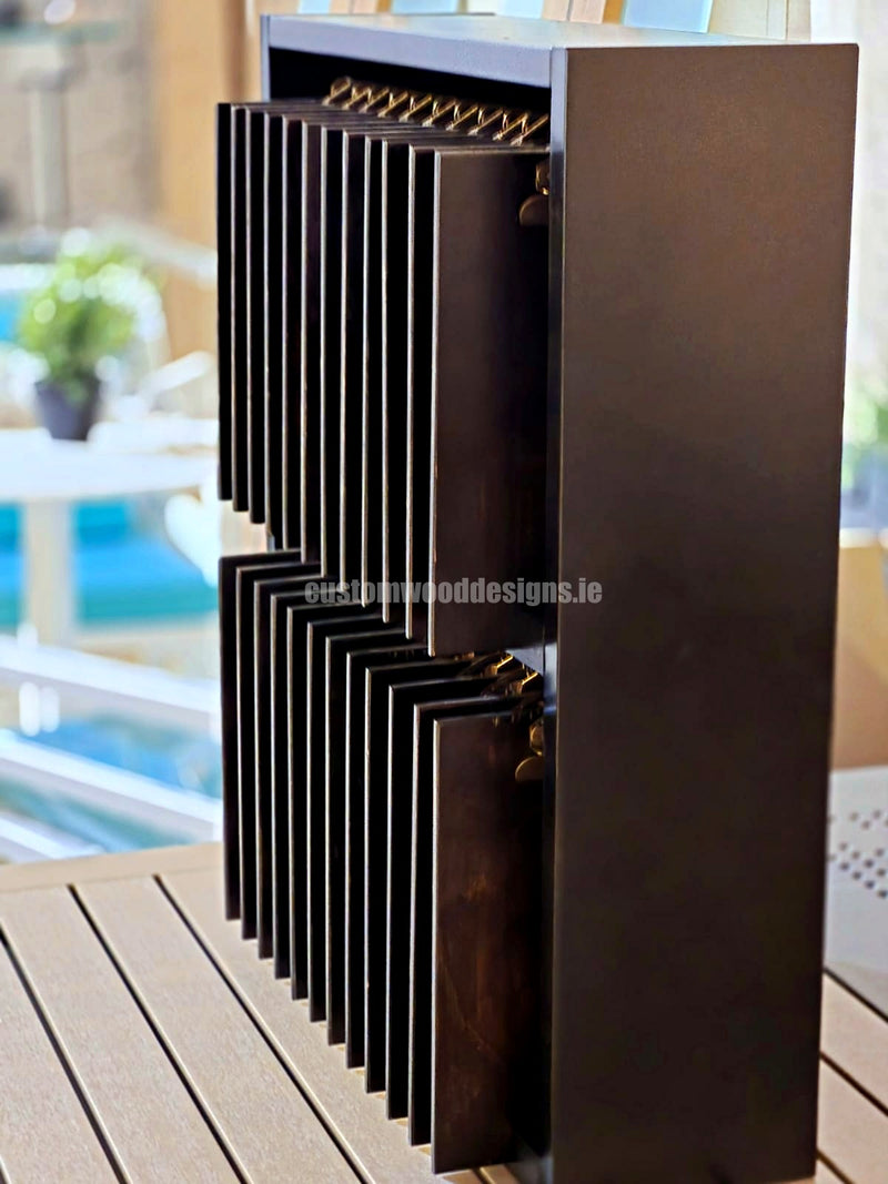 Load image into Gallery viewer, Set of 24 branded wooden A4 clipboards with display unit from Custom Wood Designs, ideal for hospitality and hotel menus.