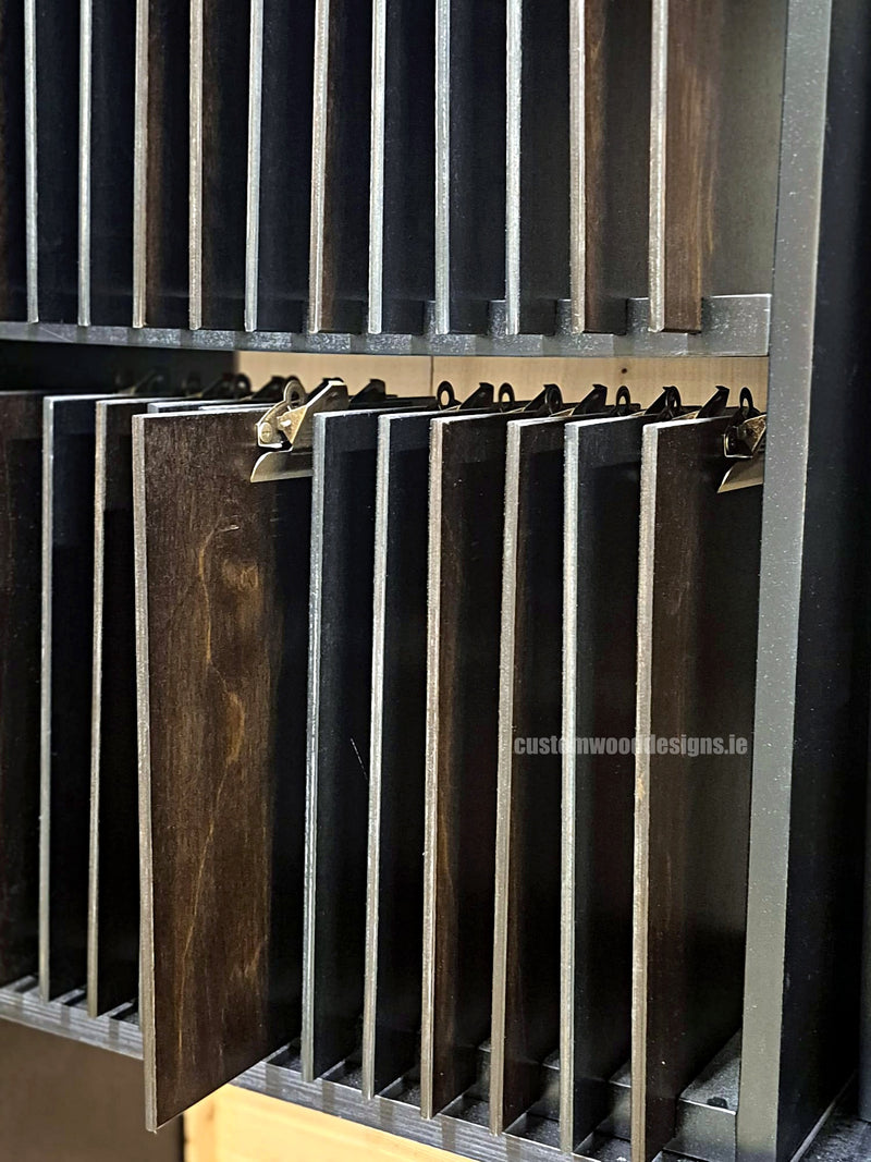 Load image into Gallery viewer, Set of 24 branded A4 wooden clipboards with display units by Custom Wood Designs, suitable for hospitality and hotel menus.