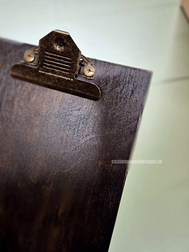 Load image into Gallery viewer, Set of 24 branded A5 wooden clipboards by Custom Wood Designs, displayed for hospitality, cafe, or hotel menu use.