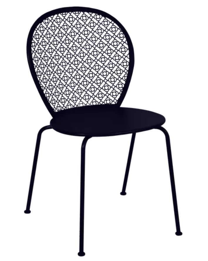Load image into Gallery viewer, Deep blue Fermob Lorette metal outdoor chair with curved back and armrests, stylishly designed for outdoor patio or garden use.