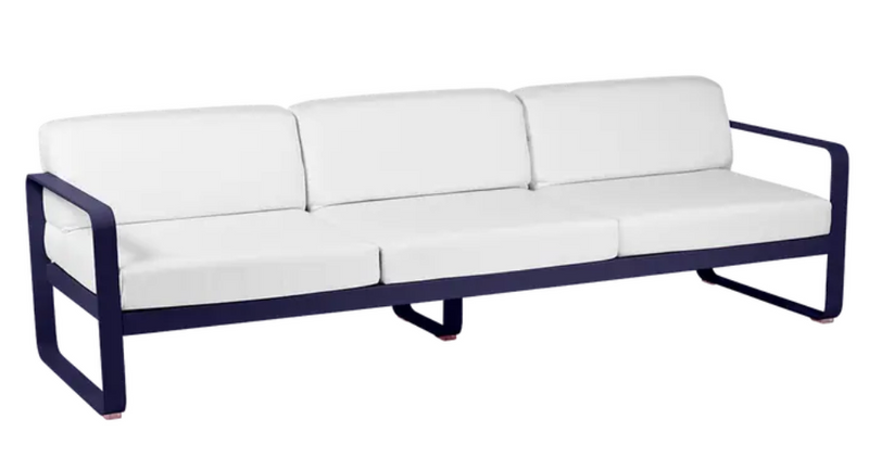 Load image into Gallery viewer, Deep blue and off-white Fermob Bellevie 3-seater outdoor sofa with metal frame, stylish and comfortable outdoor furniture.