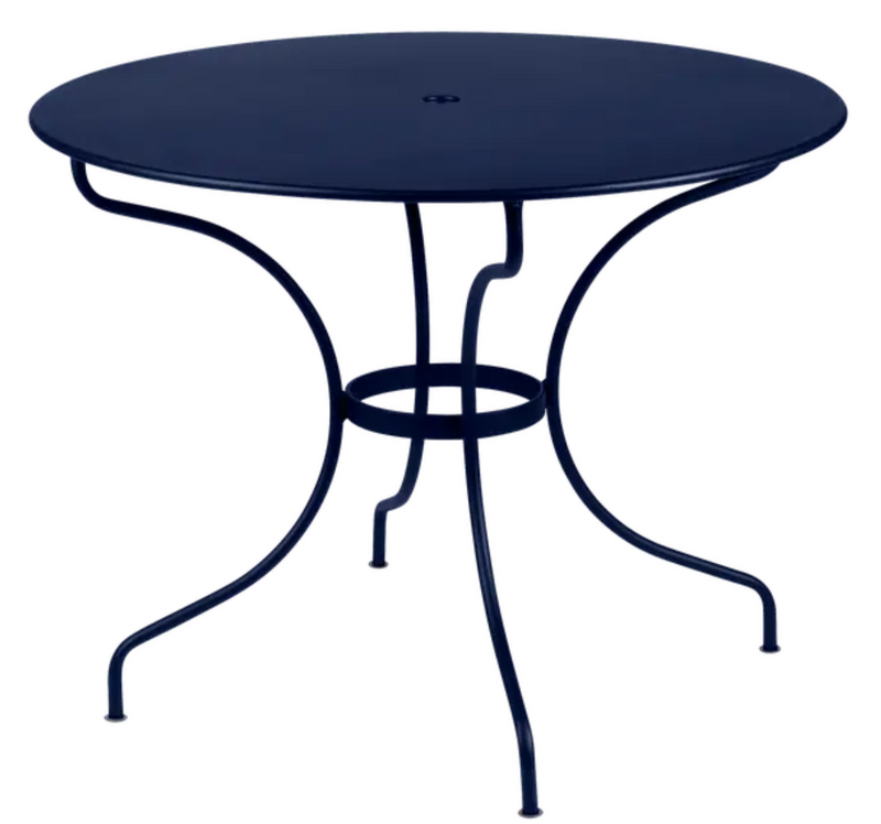 Load image into Gallery viewer, Fermob OPÉRA+ outdoor metal table in deep blue with 96 cm diameter, designed for five seater patio dining.