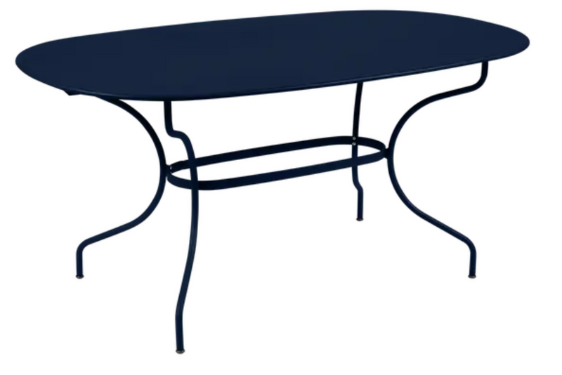 Load image into Gallery viewer, Deep blue Fermob OPÉRA+ oval outdoor table, 160x90 cm, six-seater metal table for patio or garden outdoor spaces.
