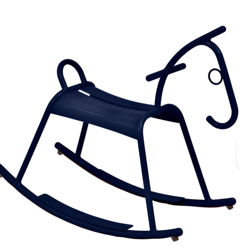 Load image into Gallery viewer, Fermob ADADA rocking horse for kids corner, deep blue and white, made of wood, part of kids restaurant furniture waiting area.