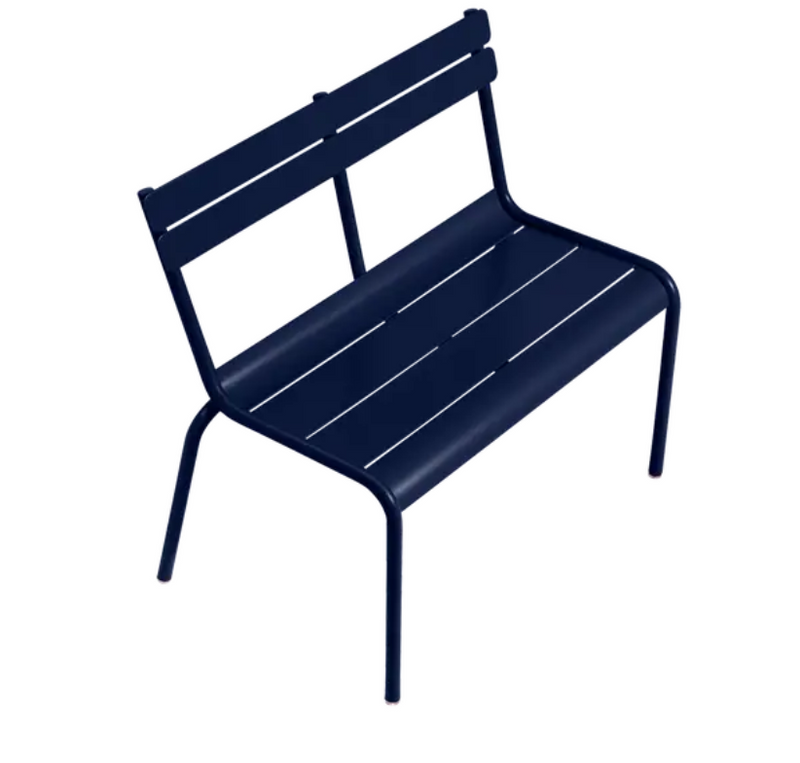 Load image into Gallery viewer, Deep blue Fermob Luxembourg Kid Bench, small outdoor furniture for children, ideal for restaurant or outdoor settings.
