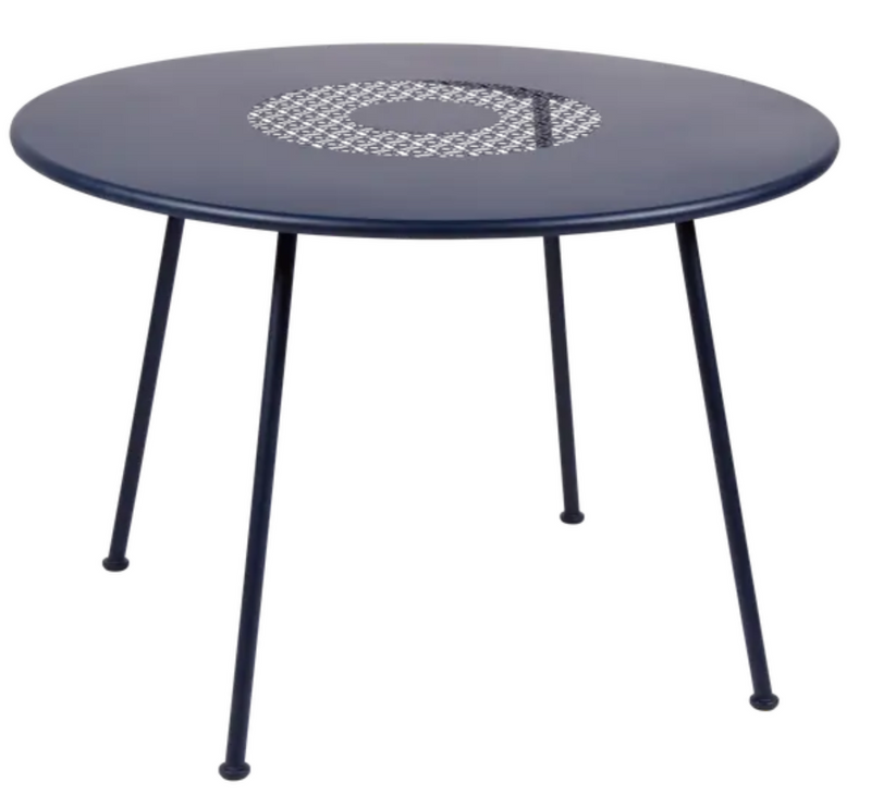 Load image into Gallery viewer, Deep blue Fermob LORETTE round garden table with a 110 cm diameter, made of fire-resistant metal, outdoor furniture.