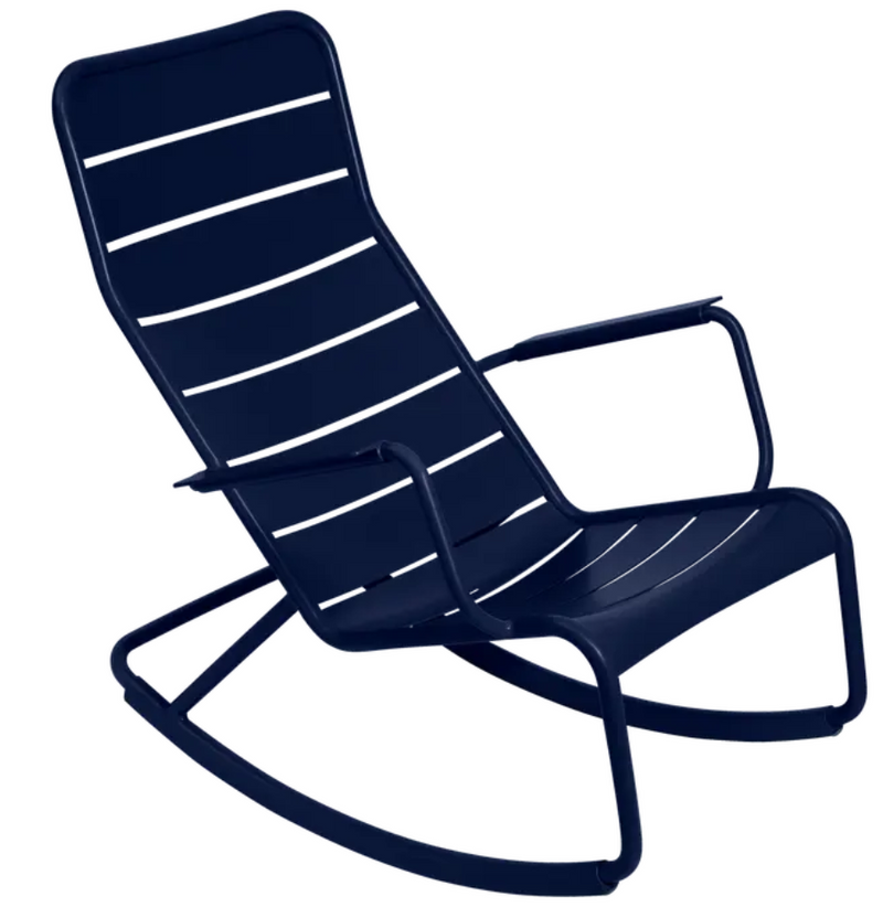 Load image into Gallery viewer, Deep blue Fermob Luxembourg outdoor rocking chair made of aluminum, weather-resistant and stylish for garden or patio use.
