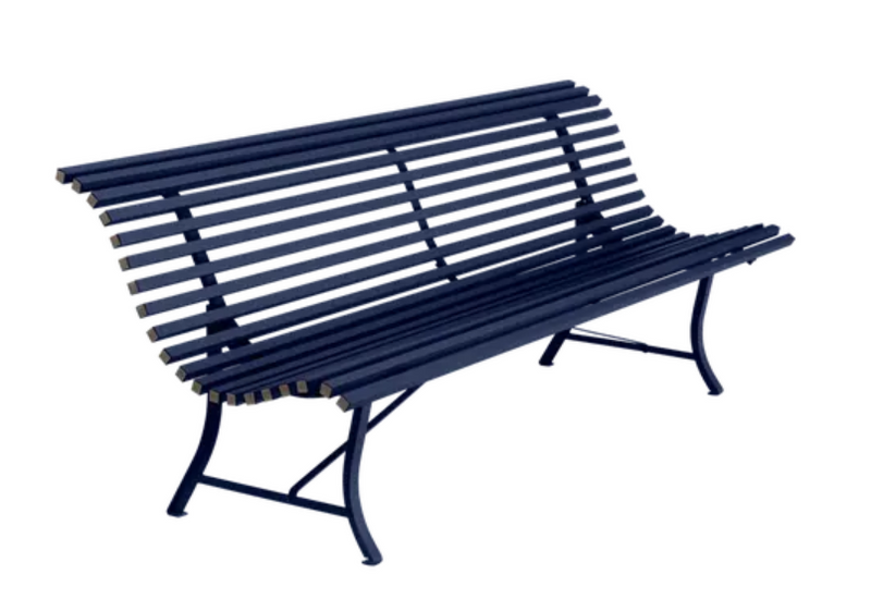 Load image into Gallery viewer, Deep blue Fermob Louisiane 200cm outdoor folding bench with four seats, metal garden furniture for outdoor seating.