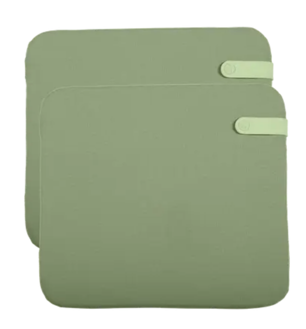 Load image into Gallery viewer, Set of two Fermob outdoor cushions in eucalyptus color, measuring 41x45 cm, designed for outdoor chairs.