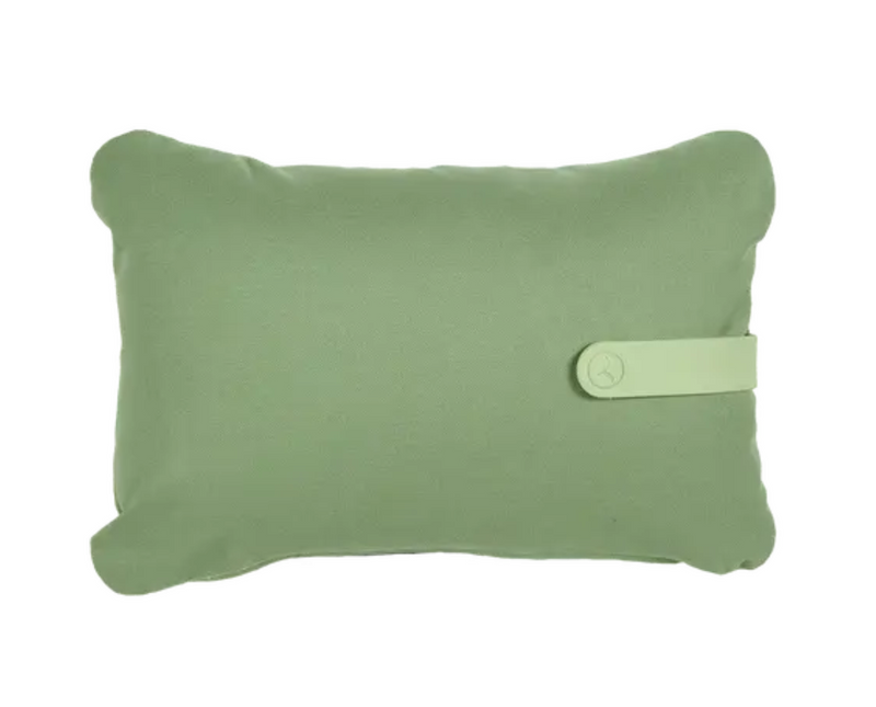 Load image into Gallery viewer, Eucalyptus green outdoor cushion by Fermob, 44 x 30 cm, with colorful mix design, suitable for outdoor seating.