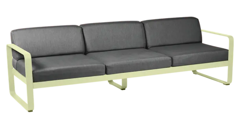 Load image into Gallery viewer, Fermob Bellevie 3-seater outdoor sofa with frosted lemon and graphite grey metal frame, suitable for patio or garden seating.