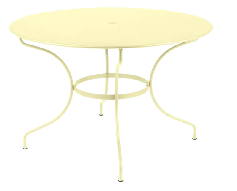 Load image into Gallery viewer, Fermob OPÉRA+ outdoor metal table with a 117 cm diameter in frosted lemon finish, six-seater for patio or garden dining.