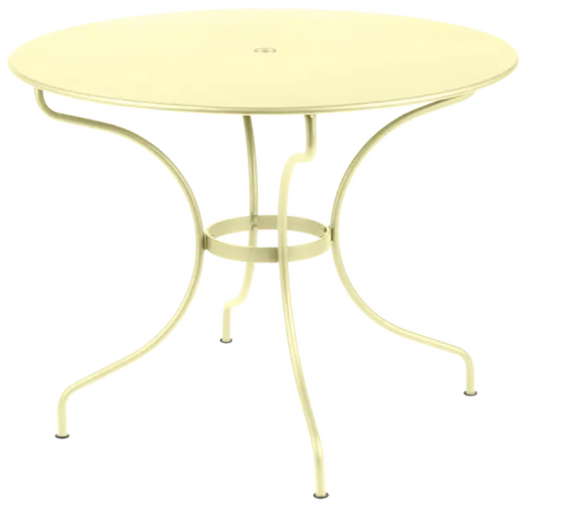 Load image into Gallery viewer, Fermob OPÉRA+ outdoor metal table with a 96 cm diameter, five-seater patio table in frosted lemon finish.