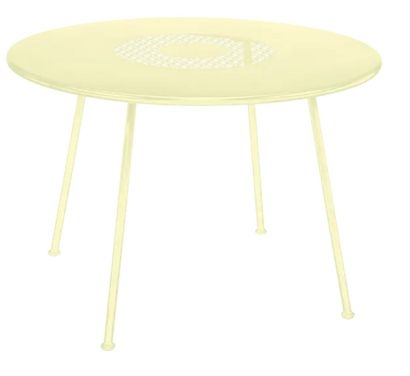 Load image into Gallery viewer, Fermob LORETTE round garden table with 110 cm diameter, metal construction, frosted lemon color, fire-resistant outdoor furniture