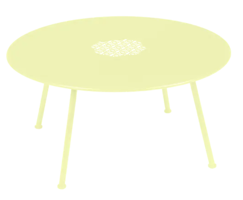 Load image into Gallery viewer, Fermob Lorette low coffee table with a frosted lemon finish, metal construction, 80 cm diameter, suitable for outdoor use.
