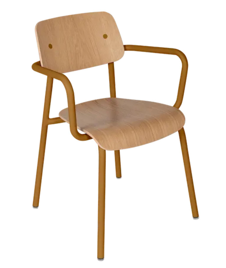 Load image into Gallery viewer, Fermob Studie Oak outdoor armchair with wooden frame and cushioned seat, ideal for garden or patio relaxation.