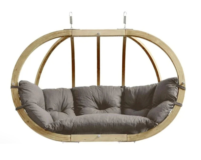 Load image into Gallery viewer, Amazonas Royal Wood hanging chair with frame set, taupe fabric and custom wood design, ideal for outdoor garden or patio relaxation.