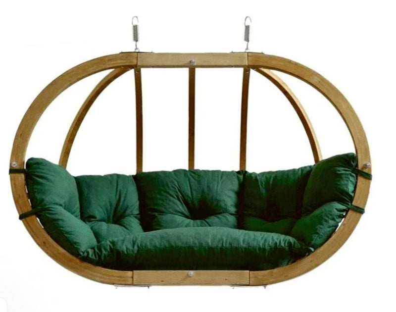 Load image into Gallery viewer, Amazonas Royal Wood Hanging Chair with frame, featuring a green fabric seat and wooden frame for outdoor garden or patio use.