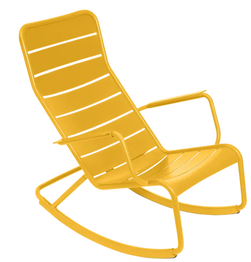 Load image into Gallery viewer, Fermob Luxembourg outdoor rocking chair with honey-colored aluminum frame, suitable for garden or patio relaxation.