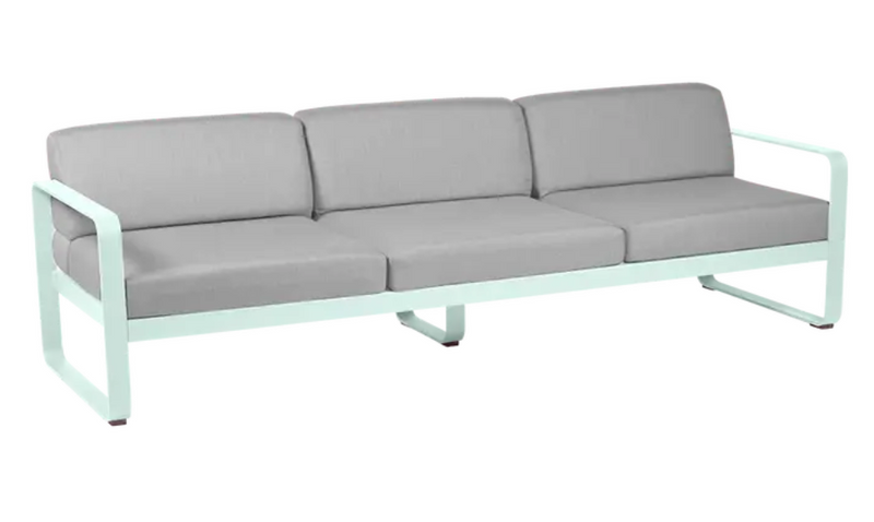 Load image into Gallery viewer, Fermob Bellevie 3-seater outdoor sofa with metal frame, grey fabric cushions, and Ice Mint flannel accents for stylish outdoor seating.