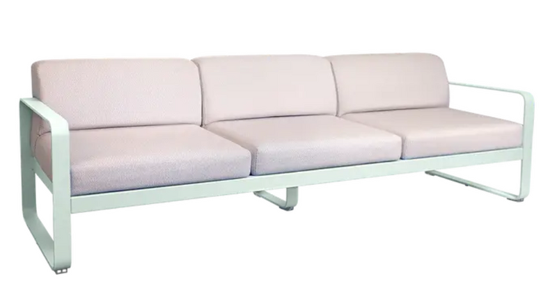 Load image into Gallery viewer, Ice Mint Pearl Fermob Bellevie 3-Seater outdoor sofa with metal frame, featuring a modern design and plush cushions for outdoor lounging.