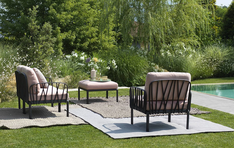Load image into Gallery viewer, Komodo 5 modular outdoor sofa by Custom Wood Designs with teak wood frame and plush cushions, suitable for patio lounging.