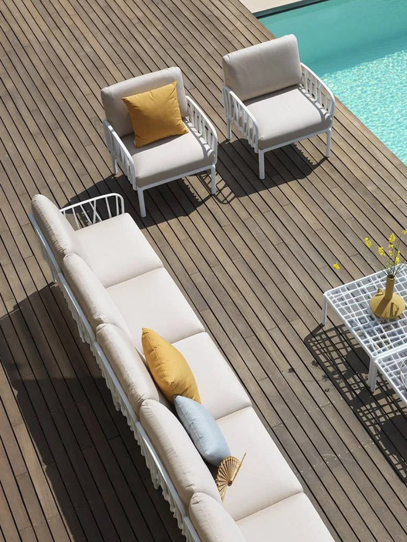 Load image into Gallery viewer, Komodo 5 Modular Outdoor Sofa by Custom Wood Designs, featuring wooden frame and plush cushions for outdoor patio comfort.
