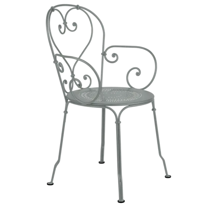 Load image into Gallery viewer, Grey Fermob 1900 Lounge Armchair with curved armrests and metal frame, ideal for outdoor patio seating.