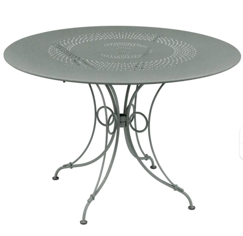 Load image into Gallery viewer, Grey Fermob 1900 outdoor round table with 117 cm diameter, suitable for outdoor dining and patio use.