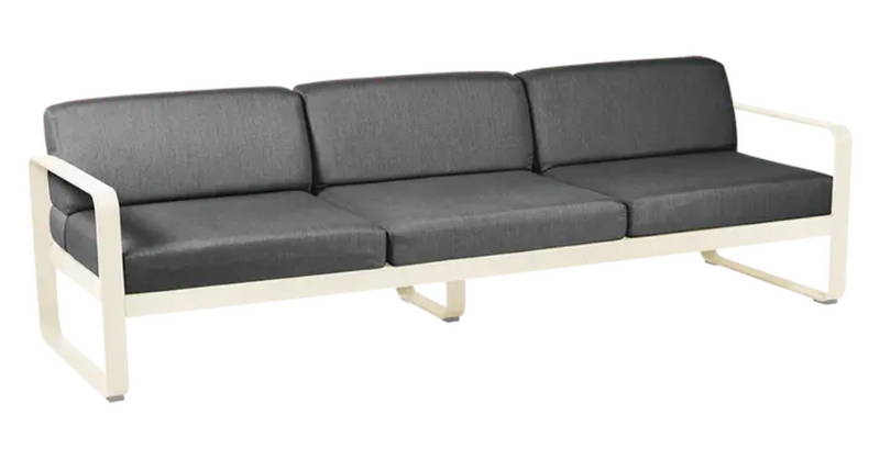 Load image into Gallery viewer, Latte beige and graphite grey Fermob Bellevie 3-seater outdoor sofa with metal frame, modern design for outdoor furniture.