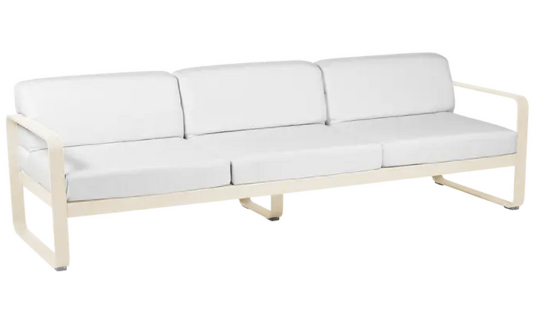 Load image into Gallery viewer, Fermob Bellevie 3-seater outdoor sofa with beige metal frame and off-white cushions, perfect for patio or garden seating.