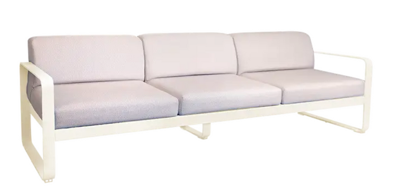 Load image into Gallery viewer, Latte beige Fermob Bellevie 3-seater outdoor metal sofa with a sturdy frame and comfortable cushions, ideal for patio relaxation.