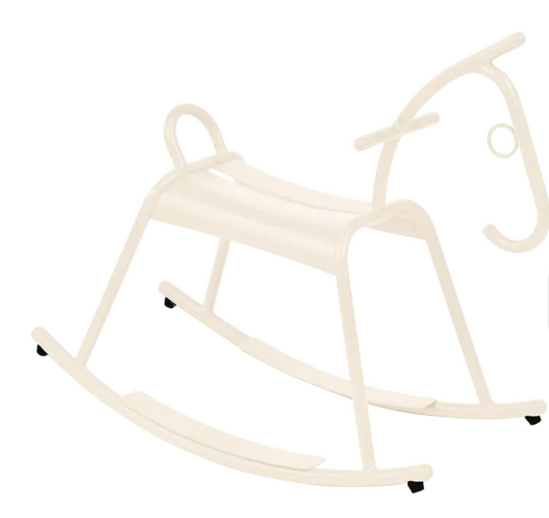 Load image into Gallery viewer, Fermob ADADA rocking horse in latte beige and white, designed for kids' restaurant corner or waiting area furniture.