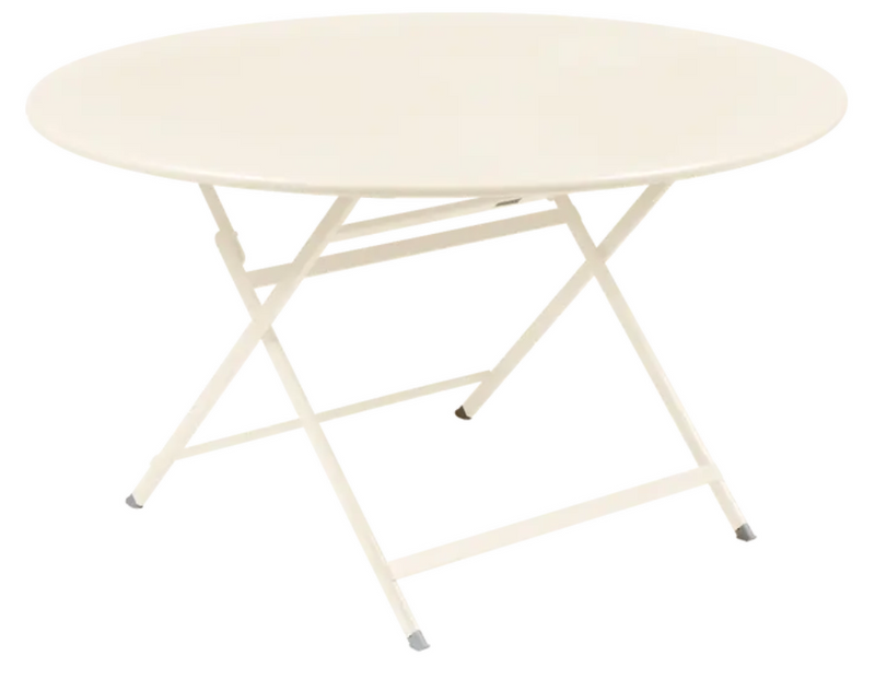 Load image into Gallery viewer, Fermob Caractère foldable metal table, 128 cm diameter, eight-seater with latte finish, shown in a foldable position for easy storage.