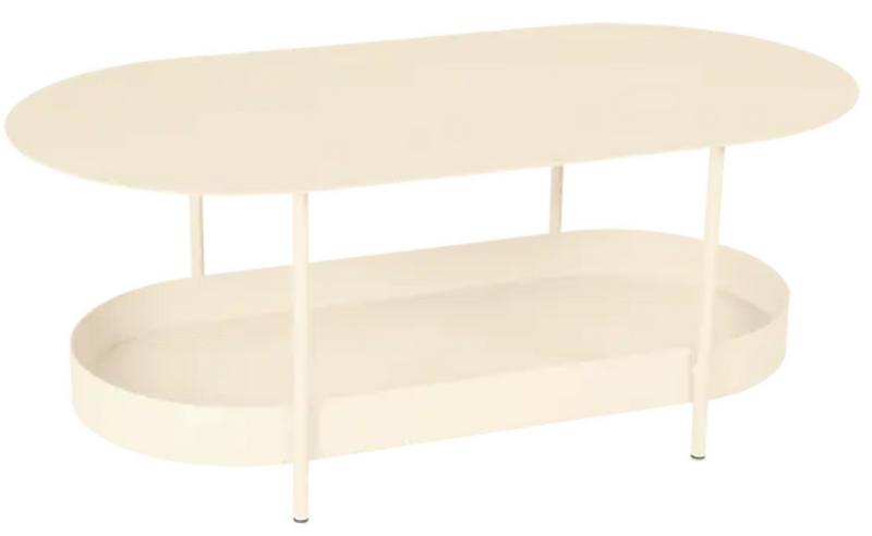 Load image into Gallery viewer, Fermob Salsa low table with a latte-colored surface and slim metal legs, measuring 113 x 58cm, ideal for outdoor or indoor use