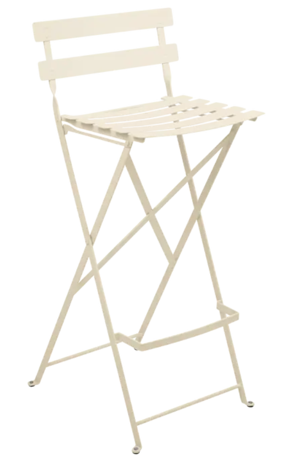Load image into Gallery viewer, Latte beige Fermob Bistro high bar stool, foldable outdoor furniture with a sleek design and sturdy metal frame.
